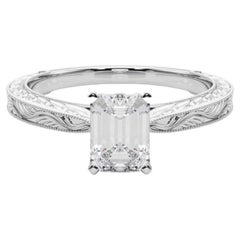 GIA 1.18ct Emerald Classic Solitaire Antique Engraved White Gold Diamond Ring