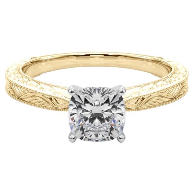 GIA 2.02ct Cushion Classic Solitaire Antique Engraved Yellow Gold Diamond Ring For Sale