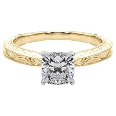 GIA 2.02ct Cushion Classic Solitaire Antique Engraved Yellow Gold Diamond Ring
