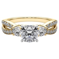 GIA 1.01ct Cushion Three-Stone Split Shank Pave 18K Yellow Gold Diamond Ring