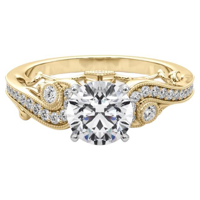 GIA 1,60 Carati Tondo a Tre Pietre Curvo Bypass Anello con Diamante in Oro Giallo 18K