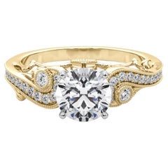 GIA 1,60 Carati Tondo a Tre Pietre Curvo Bypass Anello con Diamante in Oro Giallo 18K