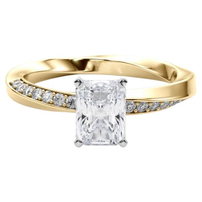 GIA 2.01ct Radiant Solitaire Twisted Square Band Bague diamant en or jaune 18K