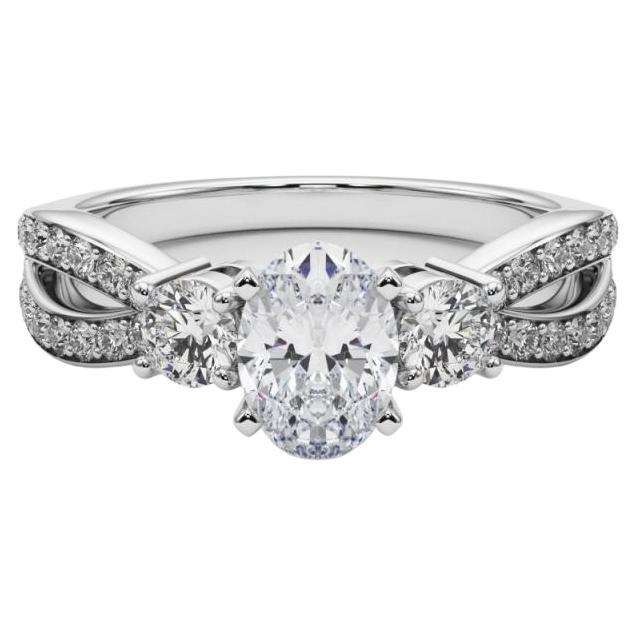 GIA 1.01ct Oval Three-Stone Split Shank Pave 18K White Gold Diamond Ring (bague à trois pierres ovales pavées en or blanc)