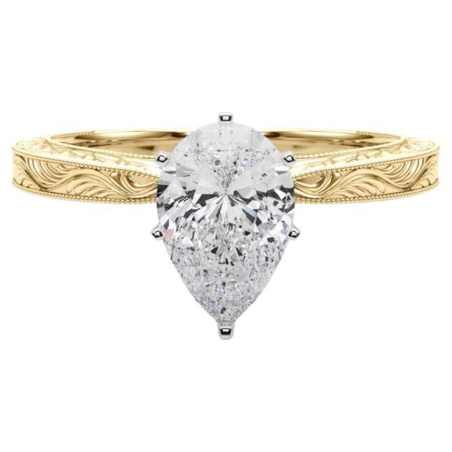 GIA 1.21ct Anillo de Diamantes Clásico Solitario Pera Oro Amarillo Grabado Antiguo en venta