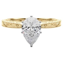 GIA 1.21ct Pear Classic Solitaire Antique Engraved Yellow Gold Diamond Ring