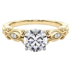 GIA 0.90 Carat Round Vintage Scrolling Ribbon 18K Yellow Gold Diamond Ring