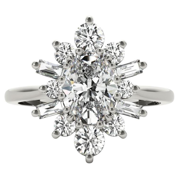 GIA 2,53ct Ovale Fiocco di Neve Fiore a grappolo Anello con diamante