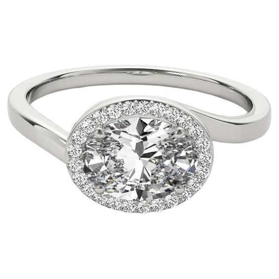 GIA 1,50 quilates Anillo de diamantes de oro blanco de 18 quilates con halo ovalado este-oeste y bypass curvo