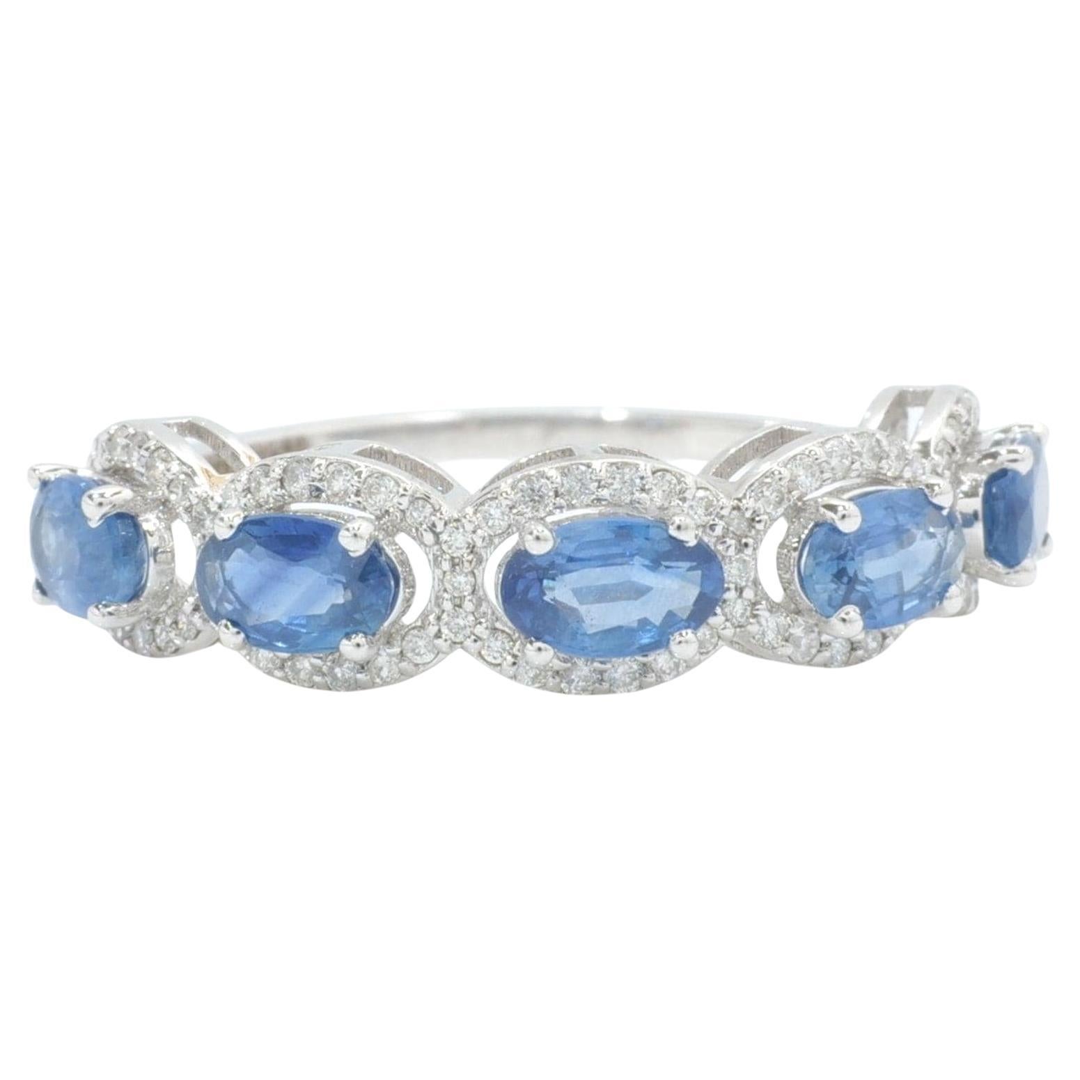 Oval Blue Sapphire Natural Diamonds Eternity Ring in 14K Solid Gold (Certified)