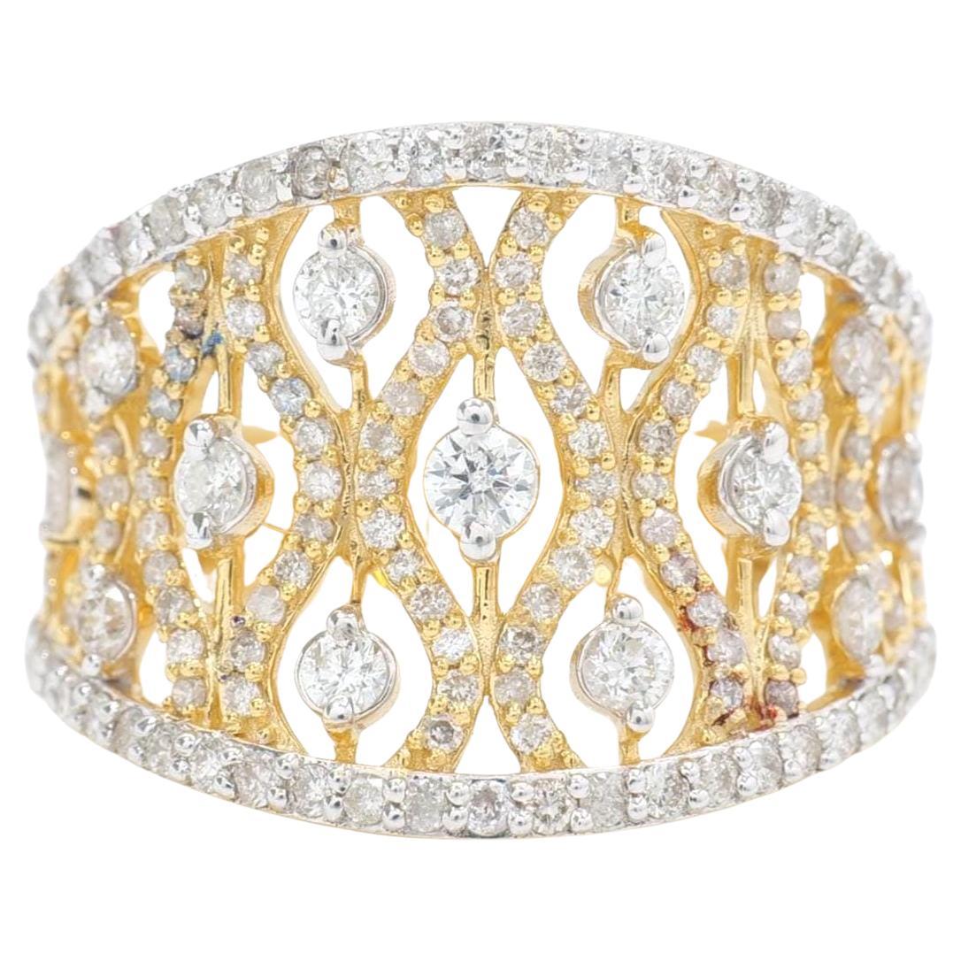 14K Solid Gold Broad Band Statement Ring with Natural Diamonds (Certified)