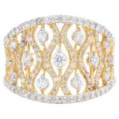 14K Solid Gold Broad Band Statement Ring with Natural Diamonds (Certified)