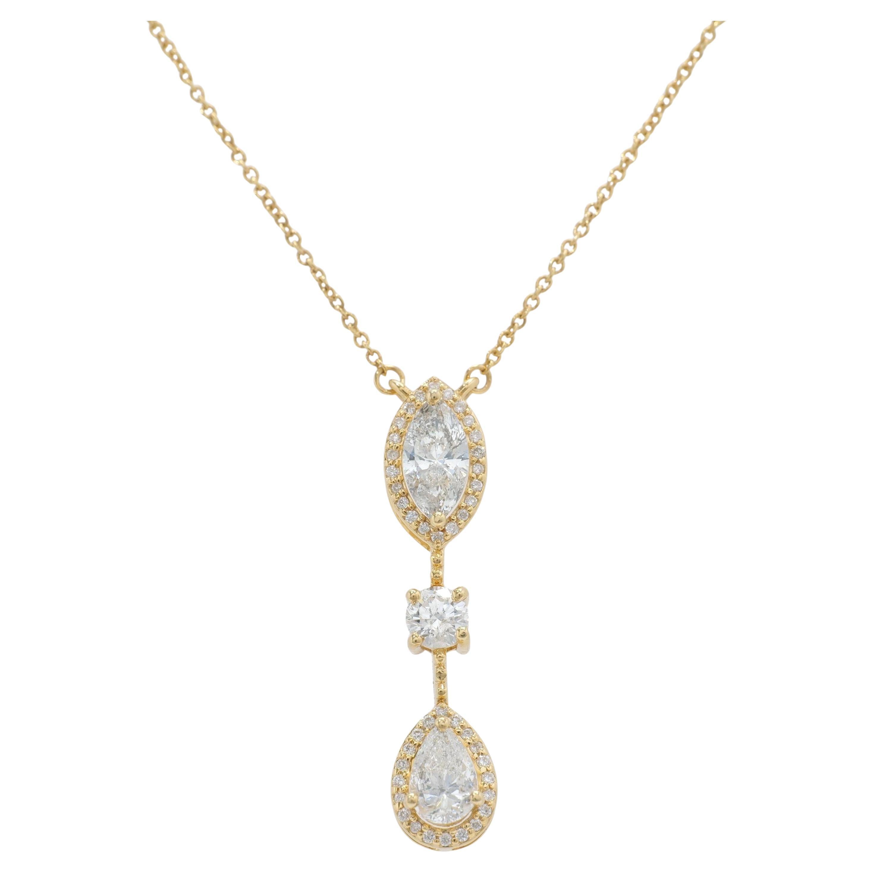 14k Solid Gold Three Stone Natural Dimaonds Drop Layering Necklace (Certified) For Sale