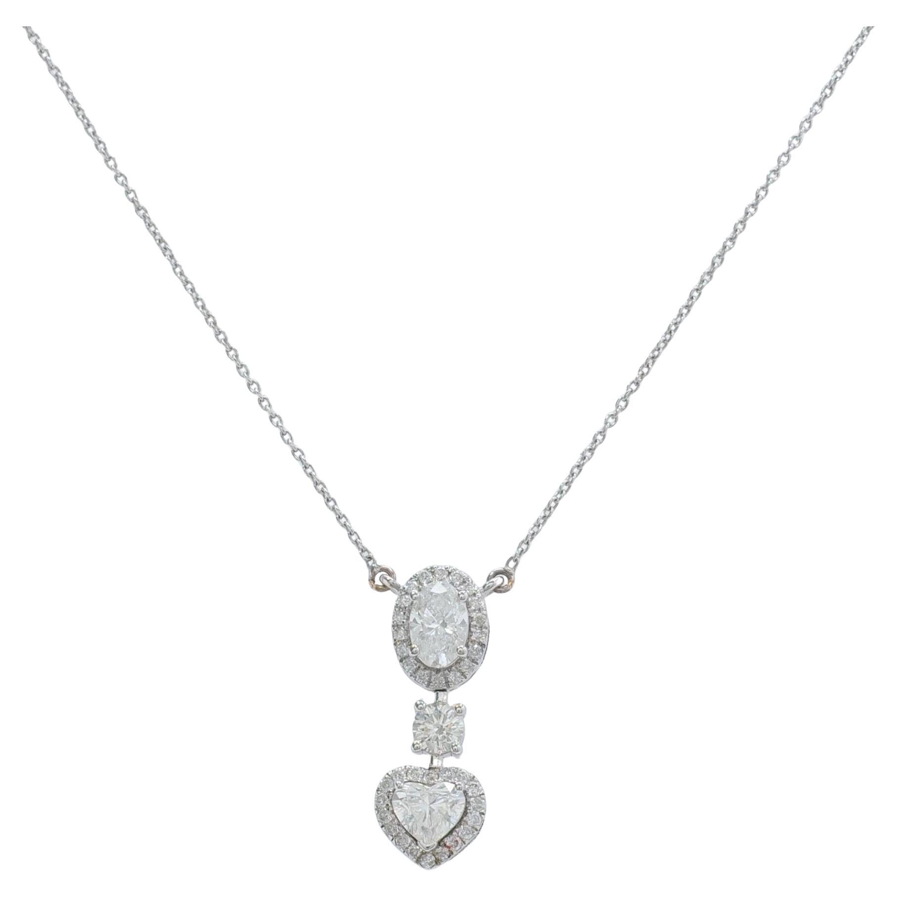 Collana a tre pietre con cuore ovale in oro massiccio 14K con diamanti (certificata)