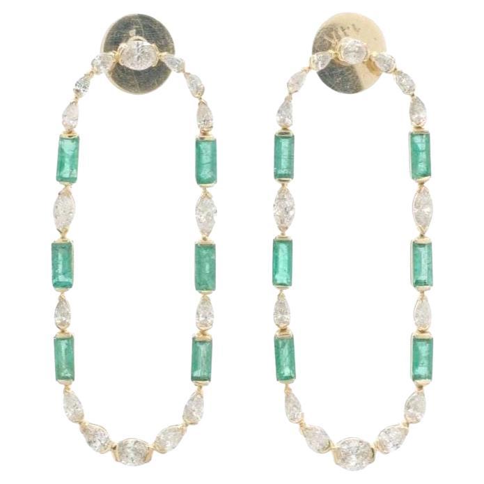 Emerald Gemstone Oval Hoop Natura lDiamondEarring in 14K Solid Gold (Certified) For Sale