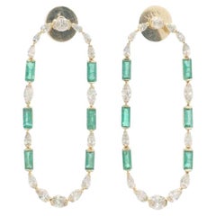 Emerald Gemstone Oval Hoop Earrings with Diamond in 14K Solid Gold (Certified)