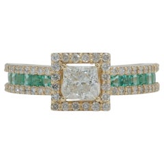 14K Solid Gold Emerald Band with Princess Cut Natural Diamonds Ring (Certified)