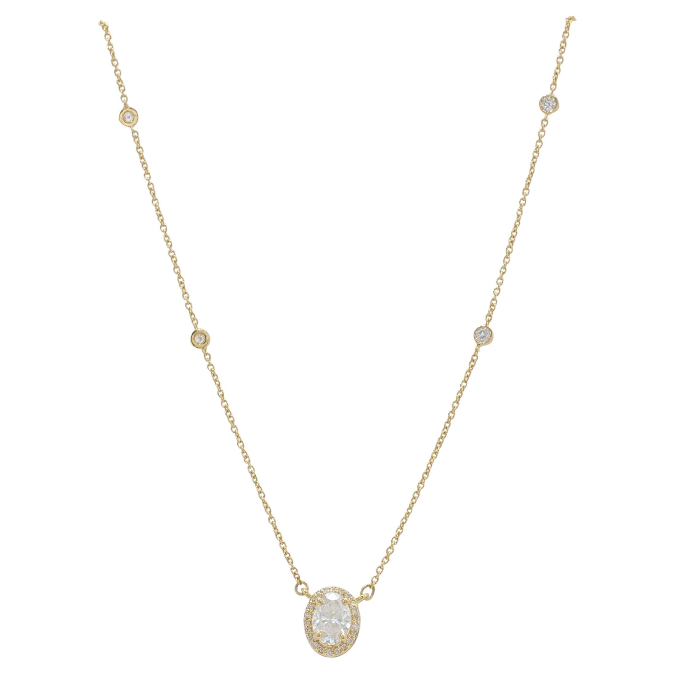 14k Solid Gold Oval Station Chain Layering Necklace with Diamonds (Certified)