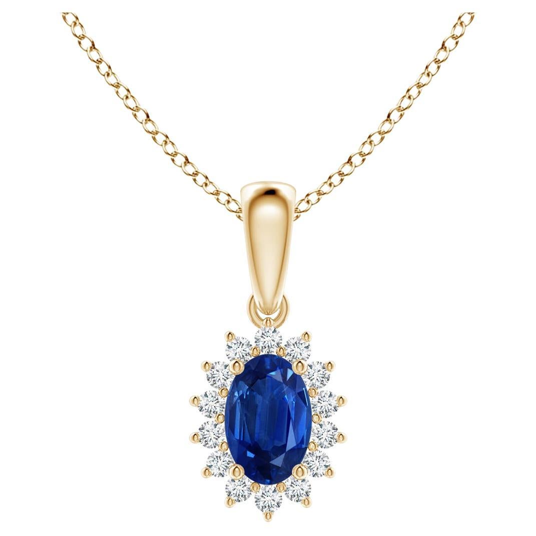 Angara 14K Gold Natural Oval Blue Sapphire Pendant with Diamond Halo