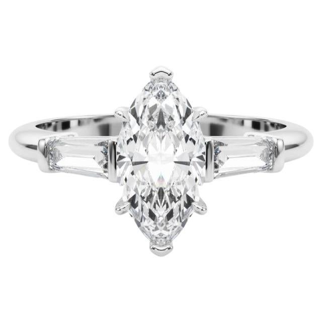 Anello di diamanti in platino a tre pietre, con certificato GIA, da 2,24 carati Marquise e Baguette