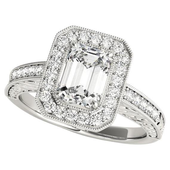 GIA Certified 1,51 Carat Emerald Halo Engraved Openwork Platinum Diamond Ring (Anello di diamanti in platino con smeraldo inciso)