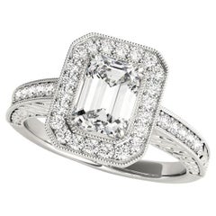 GIA Certified 1.51 Carat Emerald Halo Engraved Openwork Platinum Diamond Ring