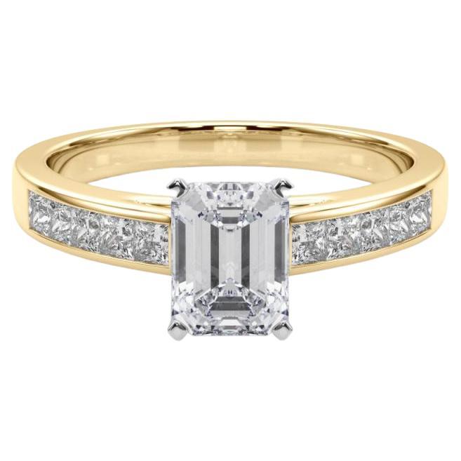 GIA 2.20ct Emerald Princess Channel Solitaire Center Yellow Gold Diamond Ring