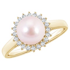 Japanese Akoya Cultured Pearl Ring with Floral Halo in 14K Solid Gold