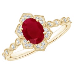 Natural Oval 1 ct Ruby Trillium Floral Shank Ring in 14K Solid Gold