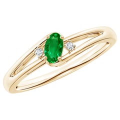 Natural Prong-Set Emerald and Diamond Split Shank Ring in 14K Solid Gold