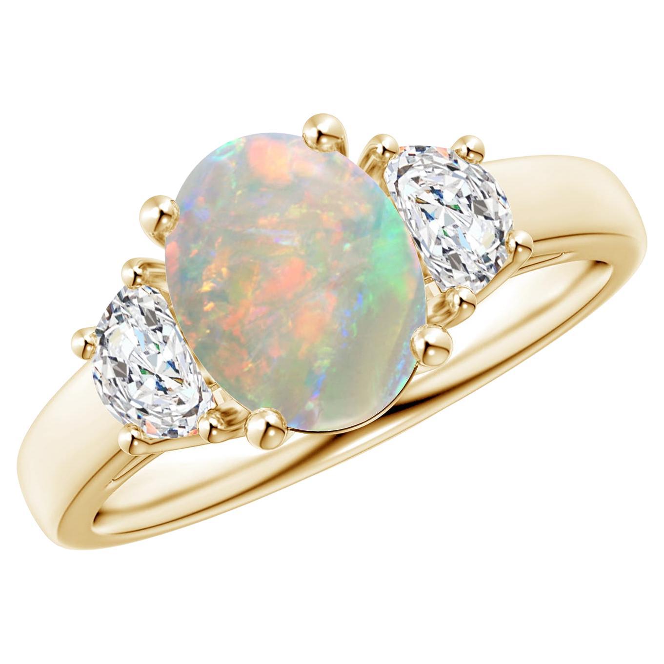 Angara Natural Oval 1.1 ct Opal and Half Moon Diamond Ring in 14K Solid Gold