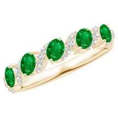 Angara Natural Five Stone Oval Emerald Swirl Ring with Diamonds 14K Solid Gold