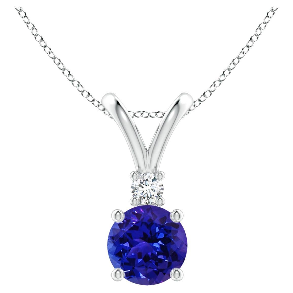 Round Solitaire Tanzanite V-Bale Pendant with Diamond in 14K Solid Gold For Sale