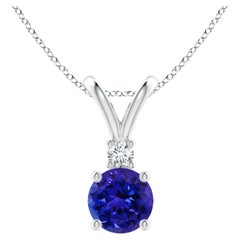Round Solitaire Tanzanite V-Bale Pendant with Diamond in 14K Solid Gold