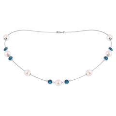 Japanese Akoya Cultured Pearl & London Blue Topaz Station Necklace in 14K Gold