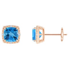 Angara Natural Cushion 2.2 ct Swiss Blue Topaz Halo Stud Earring in 14K Gold