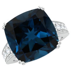 Anello Angara con cuscino naturale certificato GIA da 14,43 ct di Topazio Blu di Londra in oro 14 carati