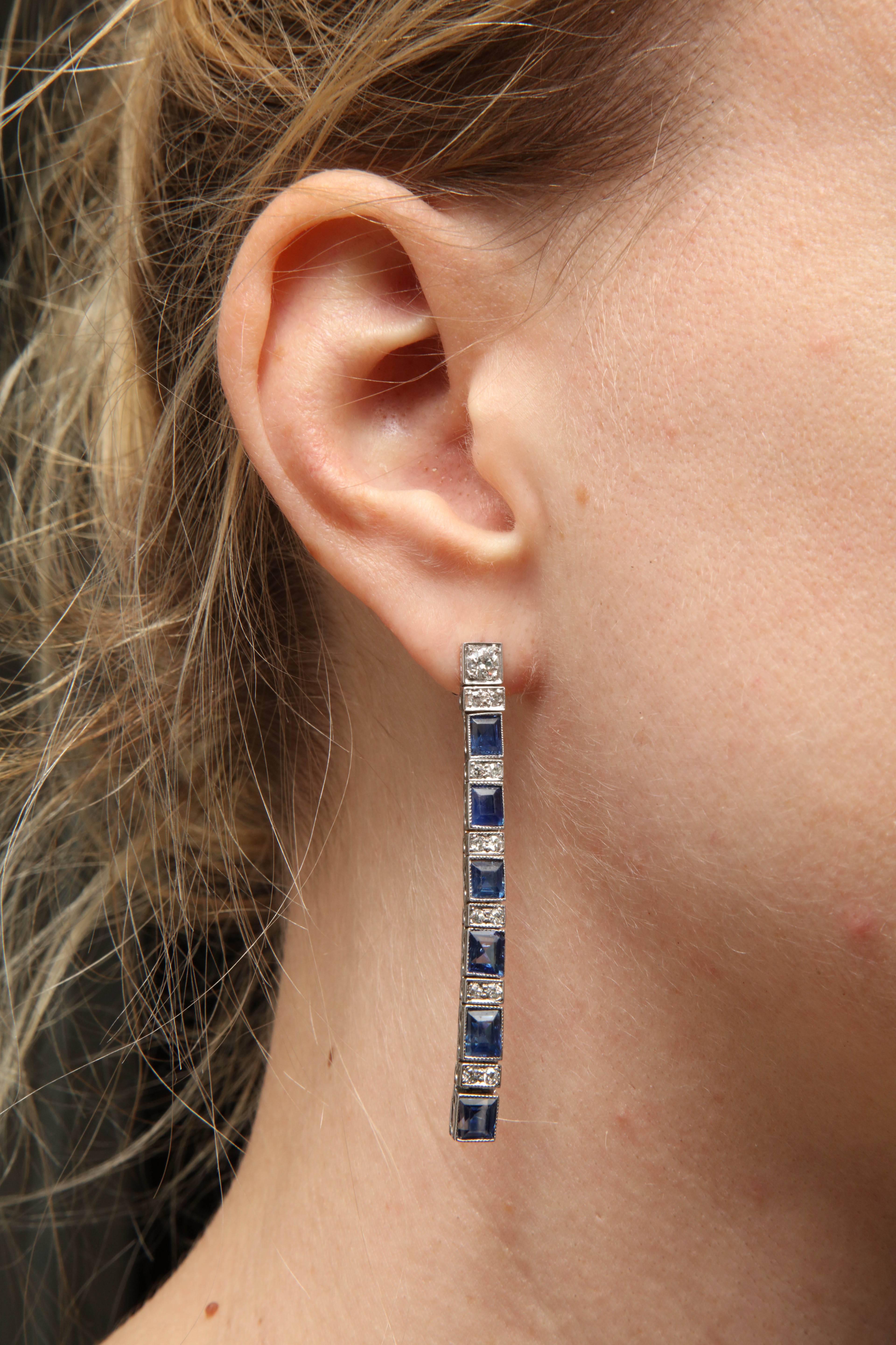 Art Deco Diamond Sapphire Dangle Earrings 1