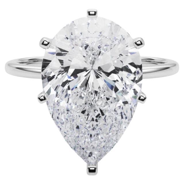 GIA 5.01ct Pear Slim Band Prong Set Solitaire 18K White Gold Diamond Ring
