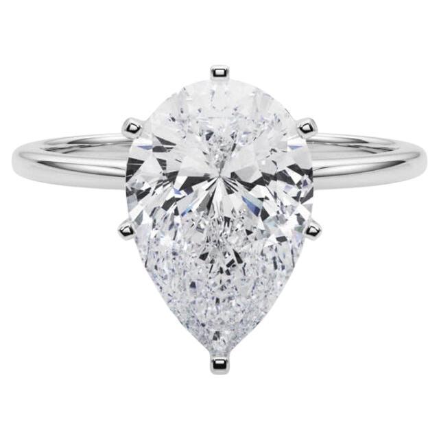 GIA 3ct Pear Slim Band Prong Set Solitaire 18K White Gold Diamond Ring