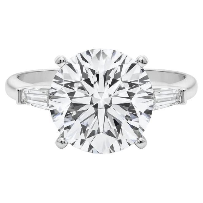GIA 7.05ct Round Three-Stone Tapered Baguette 18K White Gold Diamond Ring