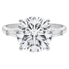 GIA 7.05ct Round Three-Stone Tapered Baguette 18K White Gold Diamond Ring