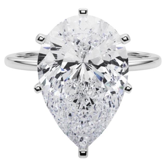GIA 7.01ct Pear Slim Band Prong Set Solitaire 18K White Gold Diamond Ring