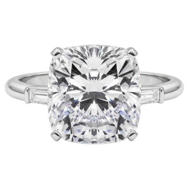 GIA 6ct Cushion Three-Stone Tapered Baguette 18K White Gold Diamond Ring