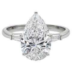 GIA 5.01ct Pear Three-Stone Tapered Baguette 18K White Gold Diamond Ring