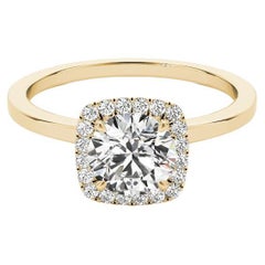 Bague à diamant en or jaune 18 carats certifiée GIA de 1,5 carat avec halo en forme de coussin