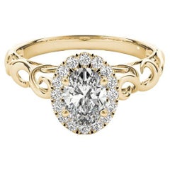 GIA Certified 1.7 Carat Oval Halo Ribbon Cathedral Yellow Gold Diamond Ring