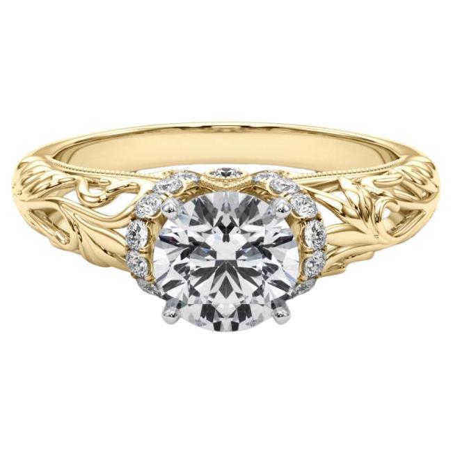 GIA 1.21ct Round Chevron Halo Floral Filigree 18K Yellow Gold Diamond Ring
