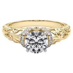 GIA 1.21ct Round Chevron Halo Floral Filigree 18K Yellow Gold Diamond Ring