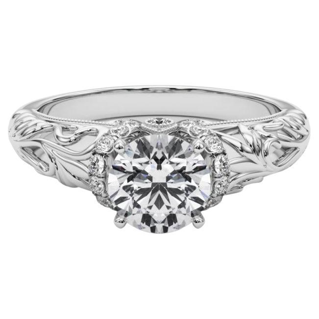 GIA 2.3ct Round Chevron Halo Floral Filigree Diamond Ring